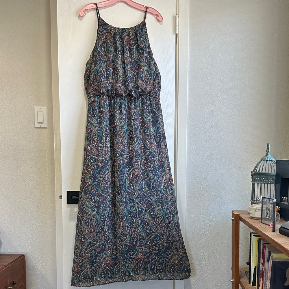 Tacera Blue and Multicolored Paisley Maxi Dress